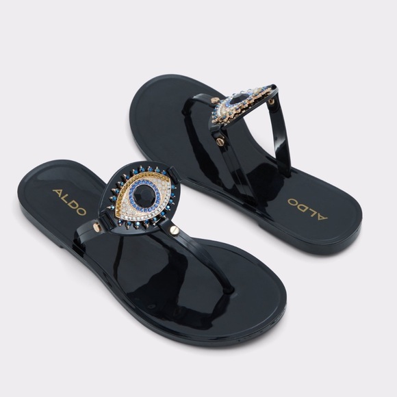 Aldo Ebariel jelly sandals flip flops Black and Gold Sandals with Eye design 9 - Picture 1 of 6